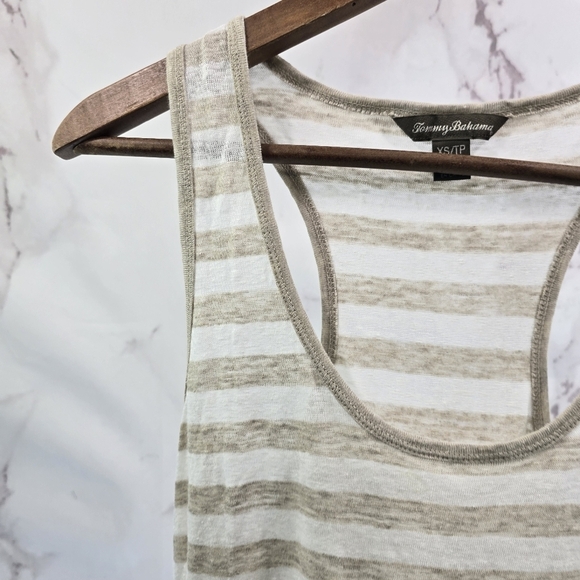 Tommy Bahama Top Womens XS Linen Tank Tan Brown White Striped Racerback - Picture 2 of 9